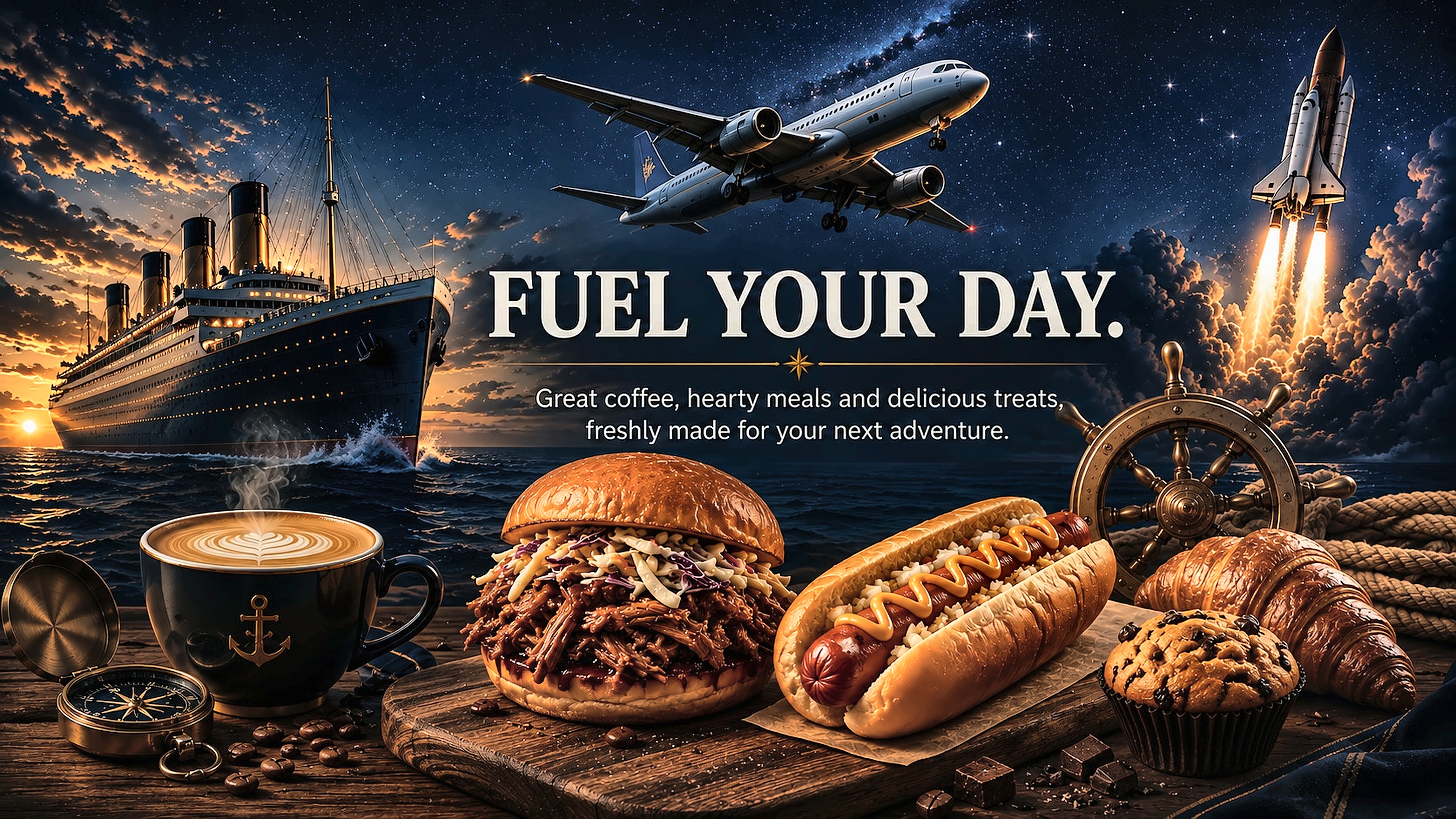 Captain's Café cinematic ship, airplane and space shuttle scene